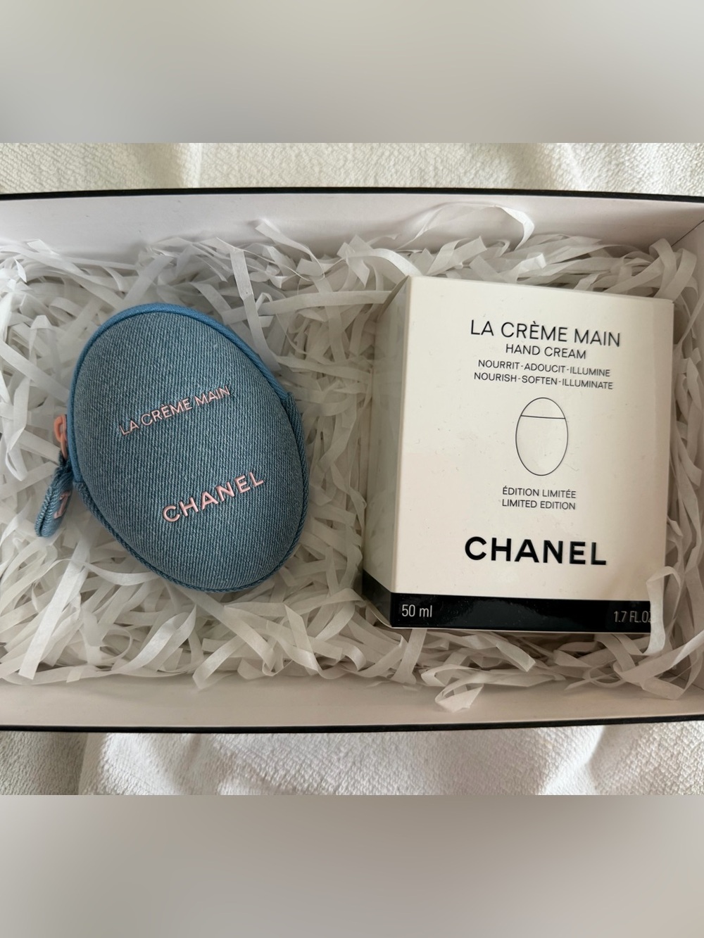CHANEL La Crème Main denim Pouch and hand cream